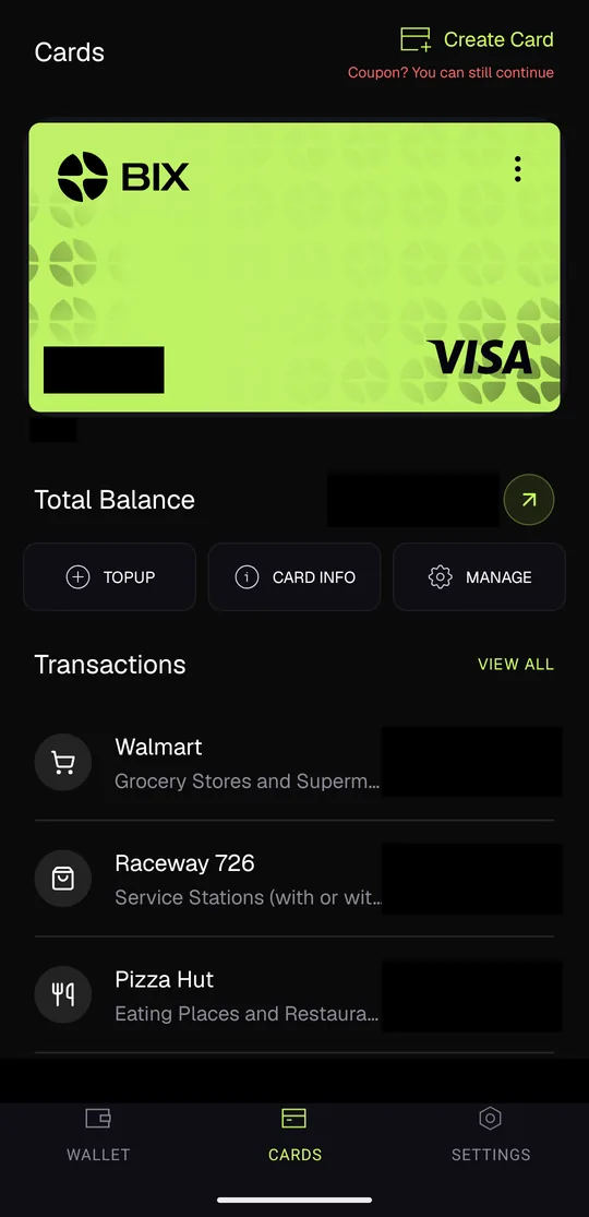 The BIX app Cards screen: a virtual Visa card with TOPUP, CARD INFO and MANAGE buttons and recent purchases at Walmart, Raceway and Pizza Hut