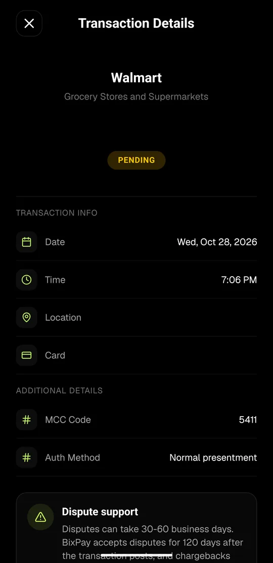 The BIX app Transaction Details screen for a Walmart purchase with the Dispute support note at the bottom
