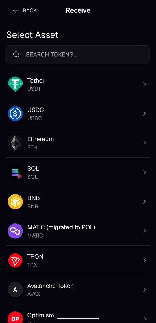 The BIX app Receive screen listing USDT, USDC, Ethereum, SOL, BNB, MATIC (migrated to POL), TRON, Avalanche and Optimism