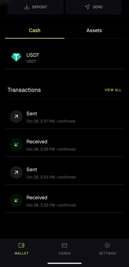 The BIX app Wallet screen, Cash tab, showing USDT and a list of Received and Sent transactions