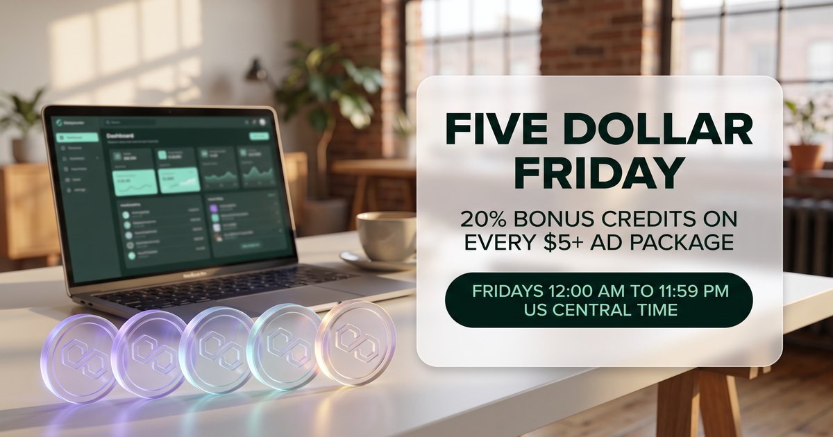 Five Dollar Friday: 20% bonus credits on every $5+ ad package. Fridays 12:00 AM to 11:59 PM US Central time.